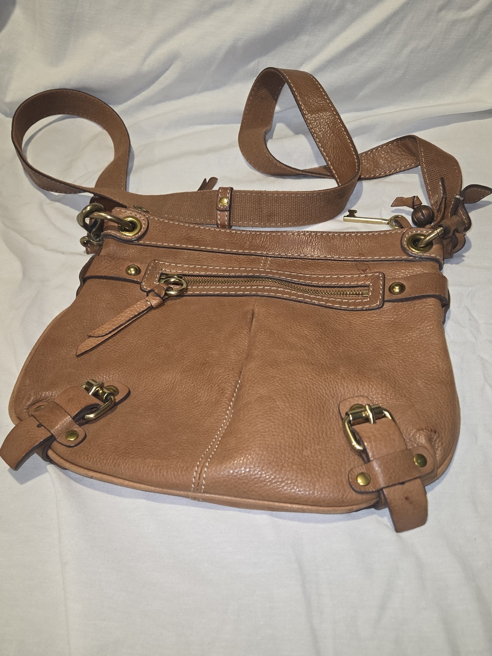 Fossil Vintage Brown Leather Crossbody Bag Polka Dot Lining Boho Brass Accents